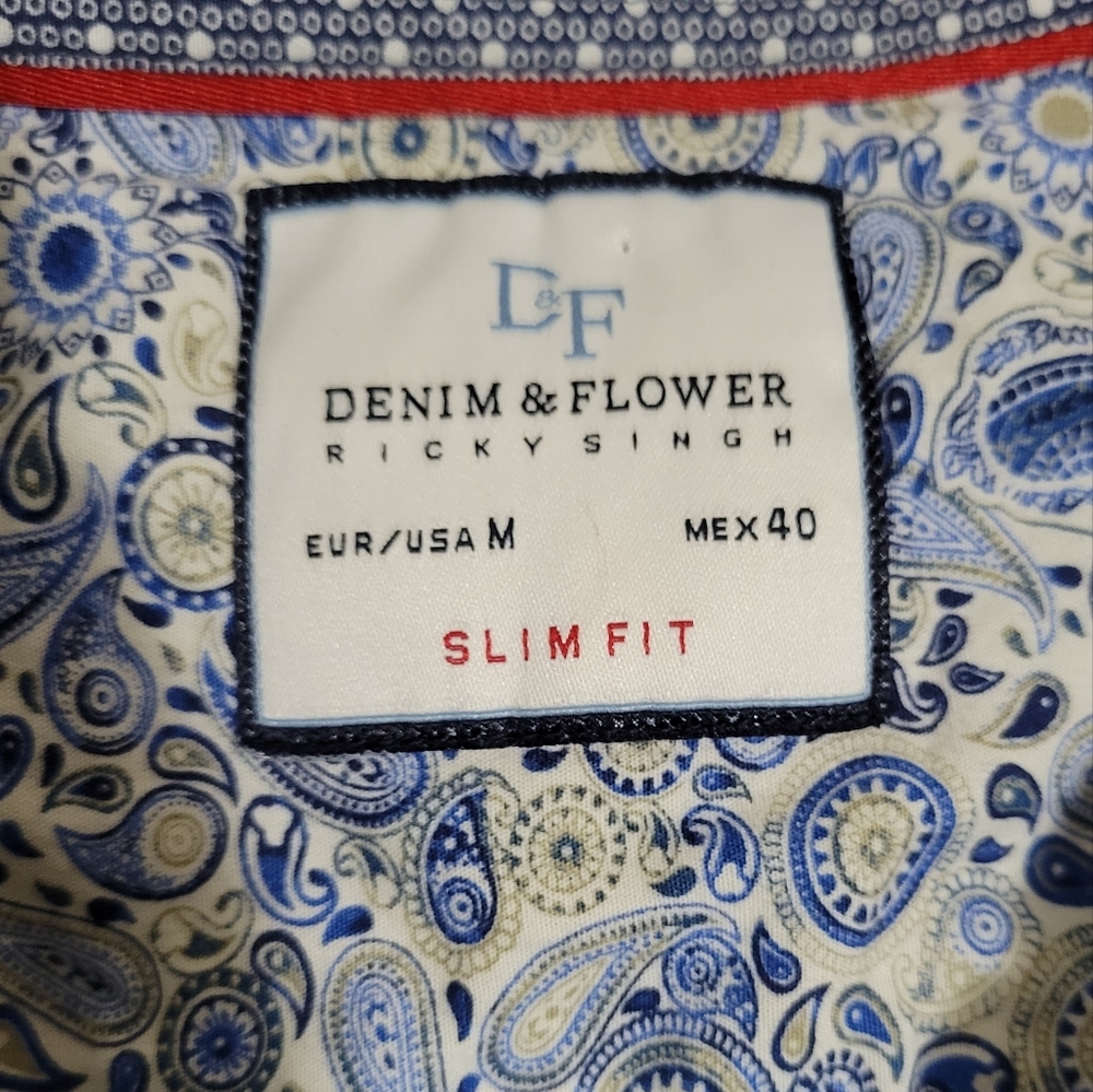 Denim & Flower Ricky Singh Navy Blue Patterned Button Down Shirt Slim Fit Medium - Picture 3 of 6
